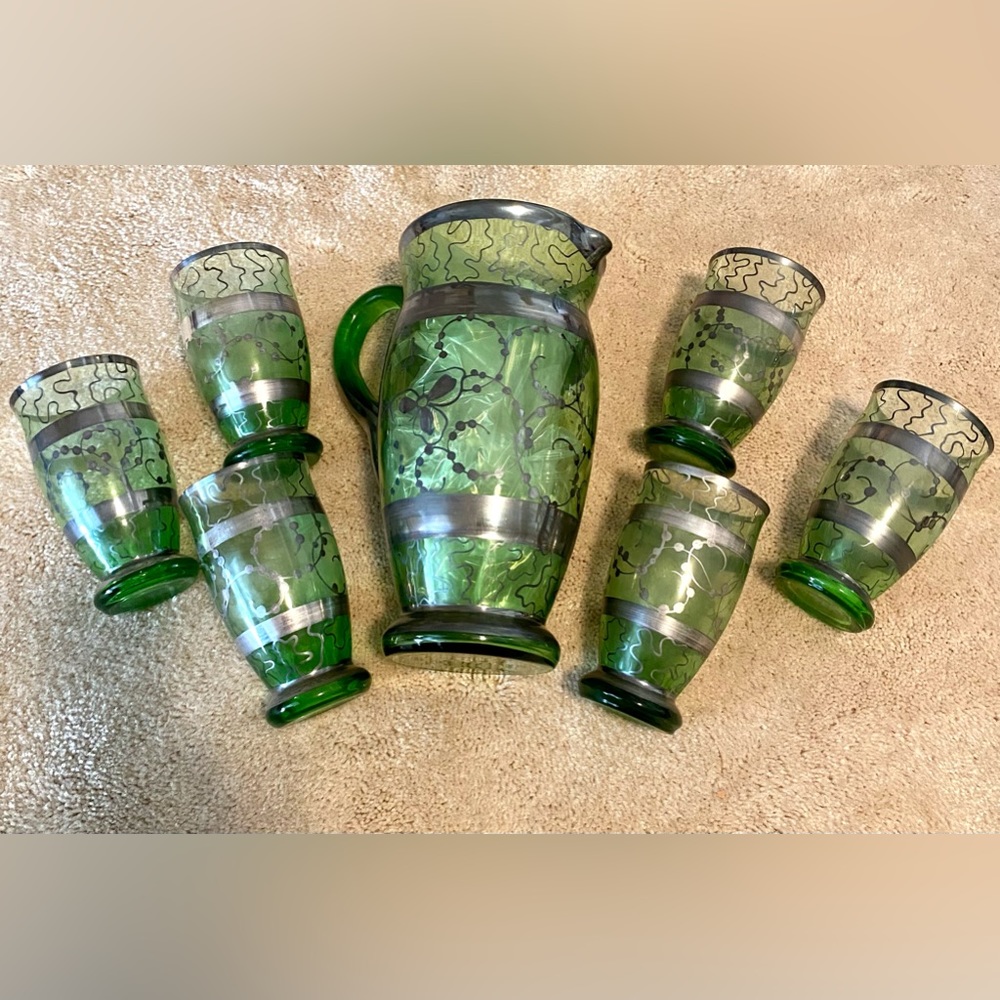 Vintage Green Glassware With Sterling Silver Trim, Pitcher And 6 Glasses